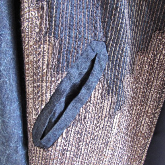 Long Denim Embordered Jacket Duster M Khaki White Stitching Lightweight Pockets - Picture 7 of 14